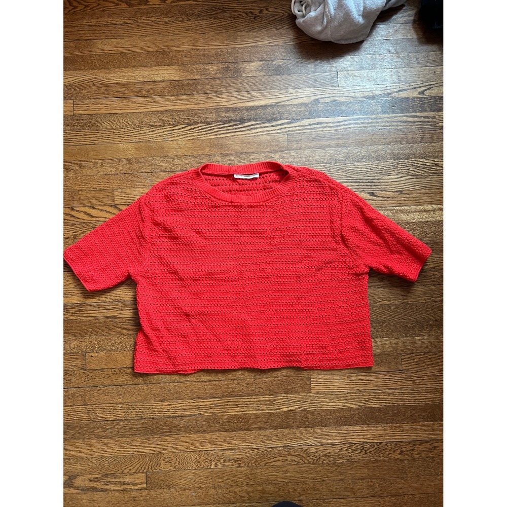 Mango MNG Red Crochet Knit Short Sleeve Cropped Sweater Size M